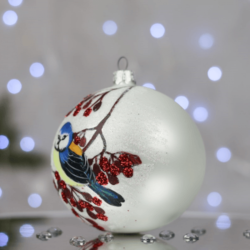Новогодний шар на елку Santa Shop Синица с калиной Белый 10 см 4820001112399