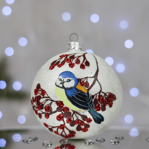 Новогодний шар на елку Santa Shop Синица с калиной Белый 10 см 4820001112399