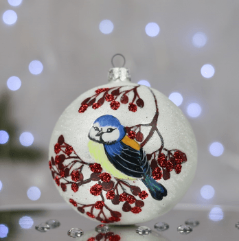 Новогодний шар на елку Santa Shop Синица с калиной Белый 10 см 4820001112399