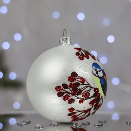 Новогодний шар на елку Santa Shop Синица с калиной Белый 10 см 4820001112399
