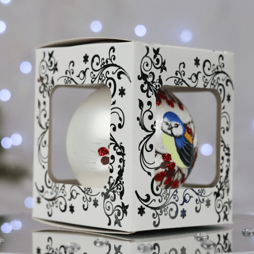 Новогодний шар на елку Santa Shop Синица с калиной Белый 10 см 4820001112399