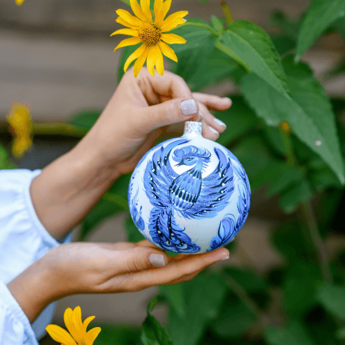 Новогодний шар на елку Rizdviani Istorii Украинские истории Петриковка Синяя птичка 10 см 4820001165326