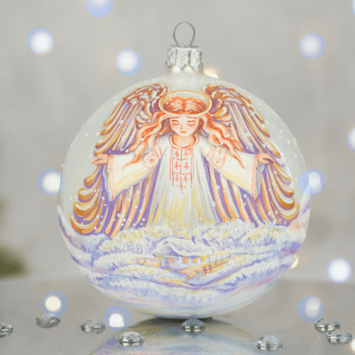 Новогодний шар на елку Santa Shop Янгол на світанку Молочный/Фиолетовый 10 см 4820001180084