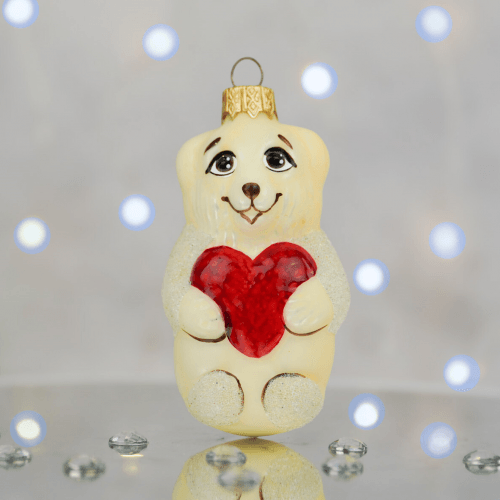 Елочная игрушка Santa Shop Ведмедик з серденьком Молочный/Красный 8 см 4820001180206