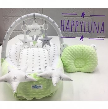 Кокон для новорожденных Happy Luna BabyNest Plush Звездочки 2 Салатовый 0113