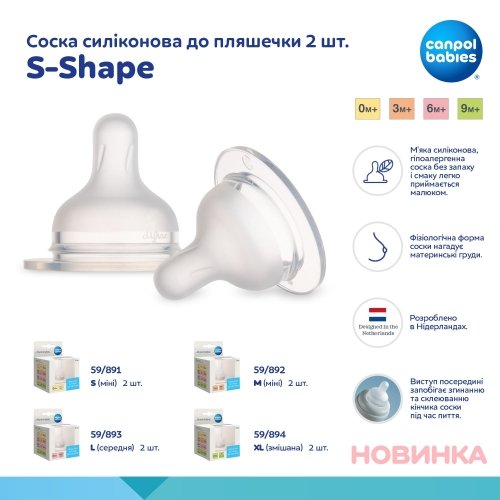 Соска силиконовая к бутылочке Canpol babies S-Shape S 0m+ Mini 2 шт 59/891