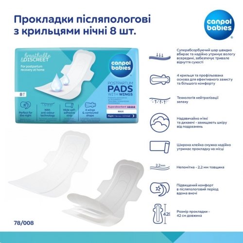 Прокладки послеродовые ночные с крылышками Canpol babies 8 шт 78/008