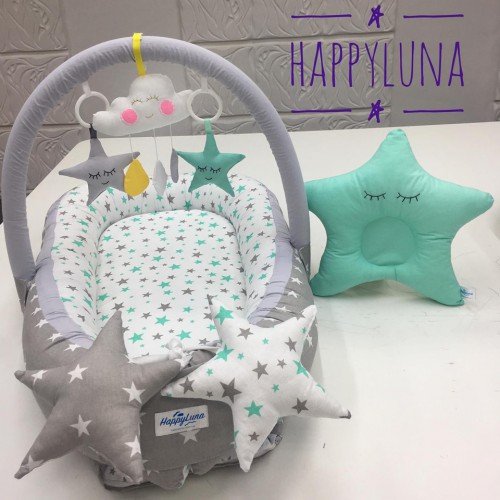 Кокон для новорожденных Happy Luna BabyNest Standart Звездочки 4 Серый/Мятный 0135