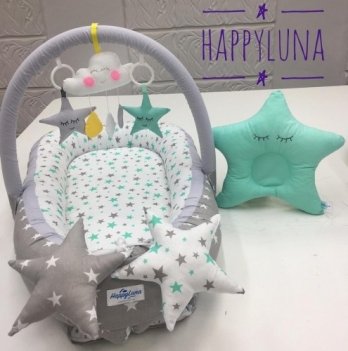 Кокон для новорожденных Happy Luna BabyNest Standart Звездочки 4 Серый/Мятный 0135