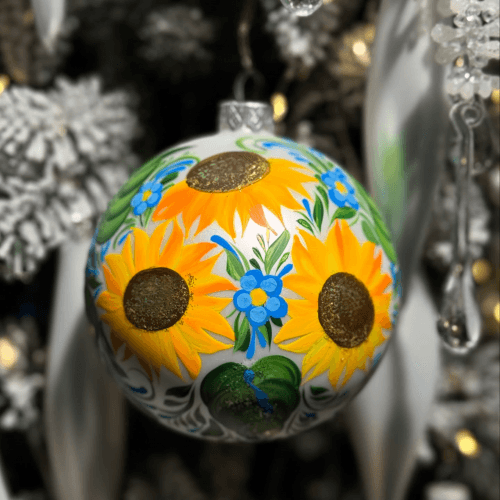 Новогодний шар на елку Santa Shop Подсолнухи Белый 10 см 4820001107036