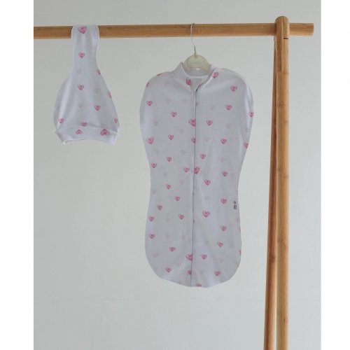Пеленка кокон для новорожденных на молнии с шапочкой ELA Textile&Toys Сердечки 3 - 6 мес Белый/Розовый DZ036H