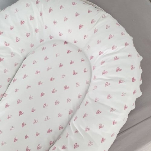 Кокон для новорожденных Oh My Kids Soft OMK Pink hearts Сатин Белый/Розовый Кокос 6 см КК-231-ОМК