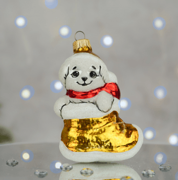 Елочная игрушка Santa Shop Песик в чобітку Белый/Золотой 8 см 4820001180251