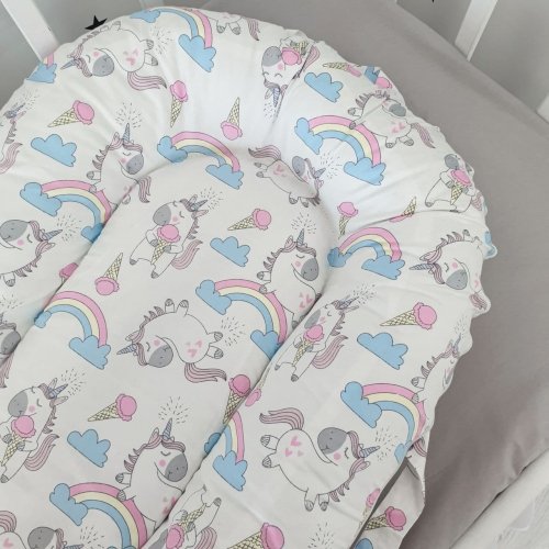 Кокон для новорожденных Oh My Kids Soft OMK Unicorns and Rainbow Сатин Белый/Голубой/Розовый Поролон 2 см КК-215-ОМК