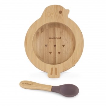 Детская тарелка на присоске бамбуковая с ложкой Miniland Wooden Plate Chick 89471