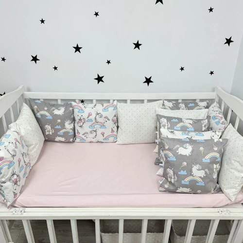 Бортики в кроватку Oh My Kids Unicorns Ранфорс/Сатин Розовый Б-162-ХС