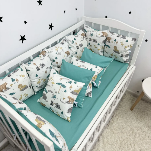 Бортики в кроватку Oh My Kids Zoo Ранфорс/Сатин Бирюзовый Б-164-СХ