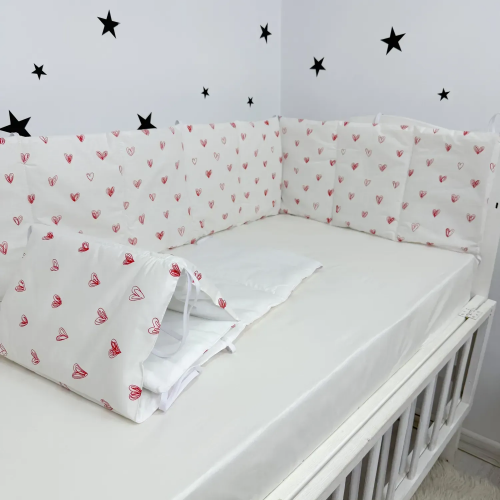 Бортики в кроватку Oh My Kids Сердечки Ранфорс Белый/Красный БЗ-0102-Х