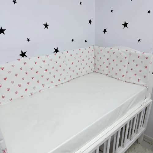 Бортики в кроватку Oh My Kids Сердечки Ранфорс Белый/Красный БЗ-0102-Х