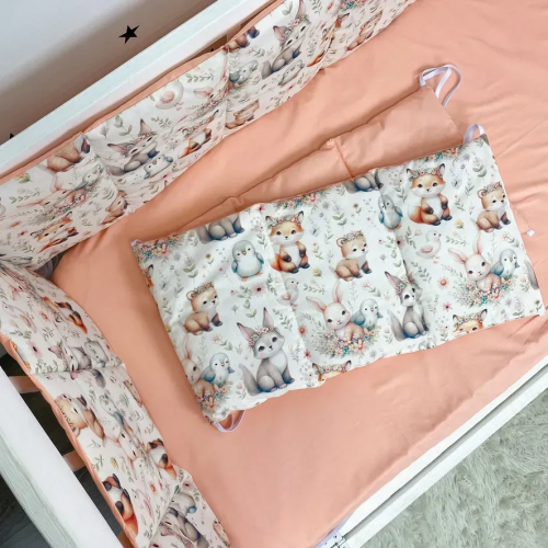 Бортики в кроватку Oh My Kids Зайчики Лисички Ранфорс Персиковый 4 шт БЗ-095-Х