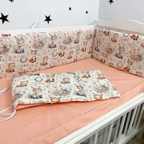 Бортики в кроватку Oh My Kids Зайчики Лисички Ранфорс Персиковый 4 шт БЗ-095-Х