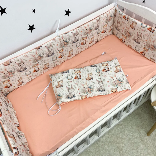 Бортики в кроватку Oh My Kids Зайчики Лисички Ранфорс Персиковый 4 шт БЗ-095-Х