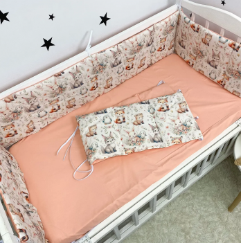Бортики в кроватку Oh My Kids Зайчики Лисички Ранфорс Персиковый 4 шт БЗ-095-Х