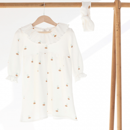 Платье детское ELA Textile&Toys Пчелки 9 - 24 мес Трикотажная вафля Белый/Бежевый WD001BE