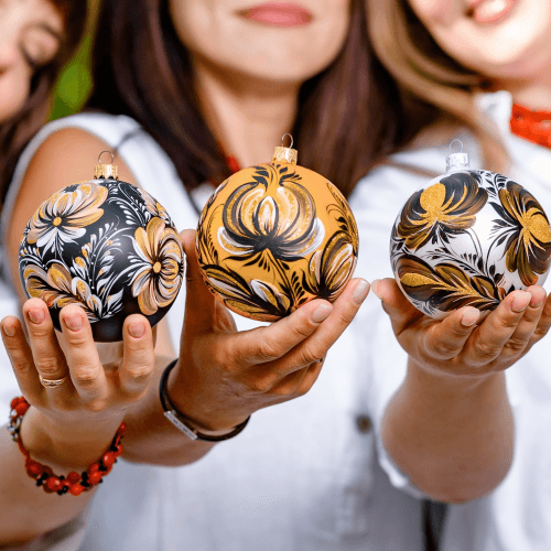 Елочная игрушка набор 3 шт Rizdviani Istorii Украинские истории Петриківка Золотий 10 см 4820001165425