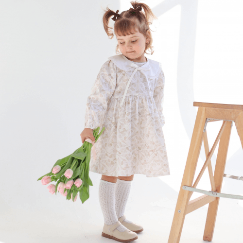 Платье детское ELA Textile&Toys Веточки 2 - 7 лет Сатин Белый/Бежевый DS002BB