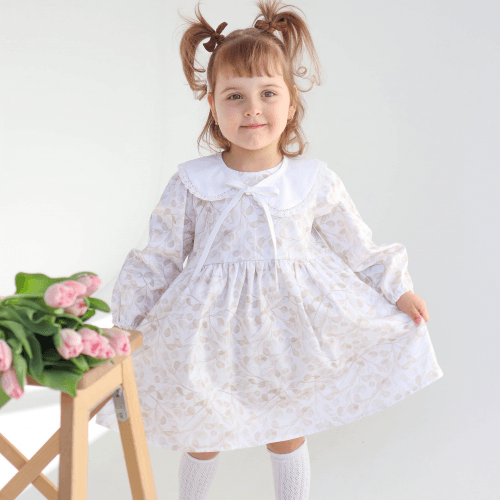 Платье детское ELA Textile&Toys Веточки 7 - 9 лет Сатин Белый/Бежевый DS002BB