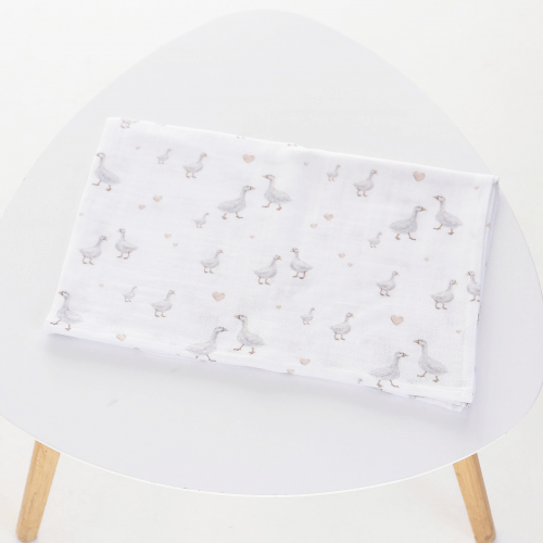 Муслиновая пеленка для детей ELA Textile&Toys Гуси Муслин Белый/Бежевый/Серый 100х80 см MD002GS