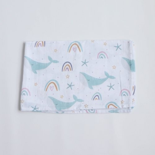 Муслиновая пеленка для детей ELA Textile&Toys Киты Белый/Голубой 100х80 см DM001W