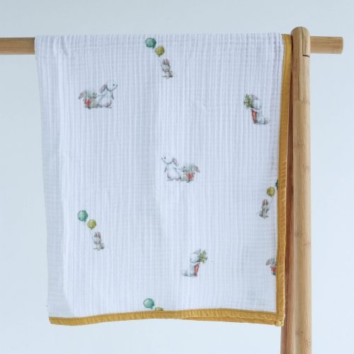 Муслиновый плед для новорожденных ELA Textile&Toys Зайчики Белый/Горчичный 100х90 см BLM001R