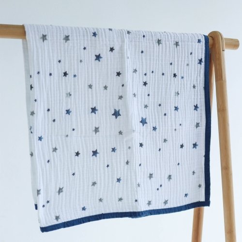 Муслиновый плед для новорожденных ELA Textile&Toys Звезды Белый/Синий 100х90 см BLM001S