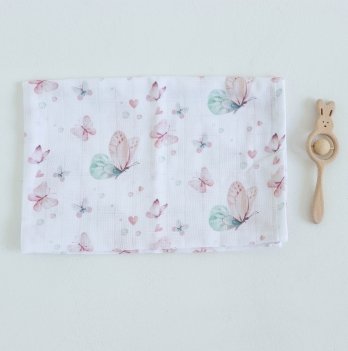 Муслиновая пеленка для детей ELA Textile&Toys Бабочки Белый/Розовый/Зеленый 100х80 см DM001B