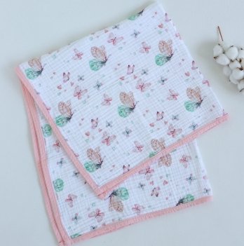Муслиновый плед для новорожденных ELA Textile&Toys Бабочки Белый/Розовый 100х90 см BLM001B