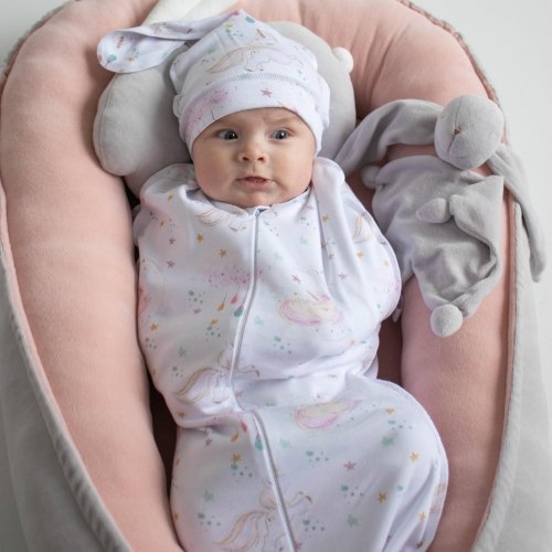 Пеленка кокон на молнии и шапка для новорожденных ELA Textile&Toys Единороги 0 - 3 мес Белый/Коричневый/Розовый DZ003U