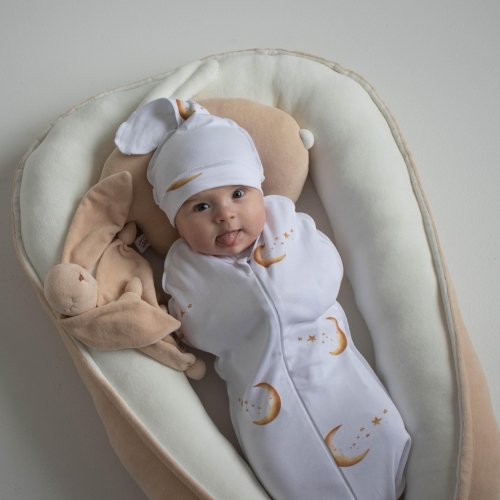 Пеленка кокон для новорожденных на молнии с шапочкой ELA Textile&Toys Сердечки 0 - 3 мес Белый/Розовый DZ003H