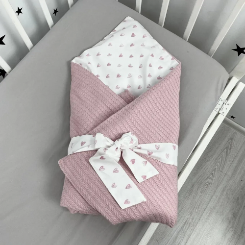 Конверт на выписку Oh My Kids Сердечки Пике/Сатин Пудровый 100х80 см КУ-241-СП-Б