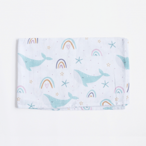 Муслиновая пеленка для детей ELA Textile&Toys Киты Белый/Голубой 100х80 см DM001W
