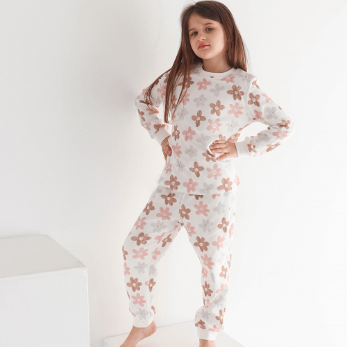 Пижама детская ELA Textile&Toys Цветочки 2 - 8 лет Интерлок Белый/Розовый/Коричневый PJ006DF