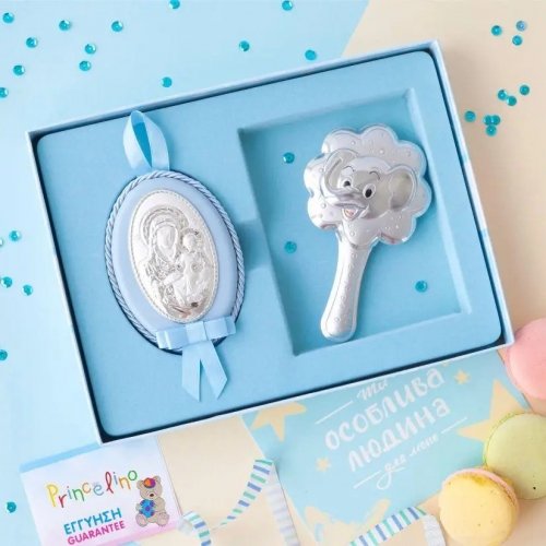 Подарочный набор икона Дева Мария и погремушка Слоник Prince Silvero Голубой MB/S085-1C