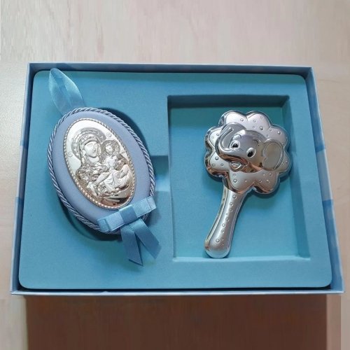 Подарочный набор икона Дева Мария и погремушка Слоник Prince Silvero Голубой MB/S085-1C