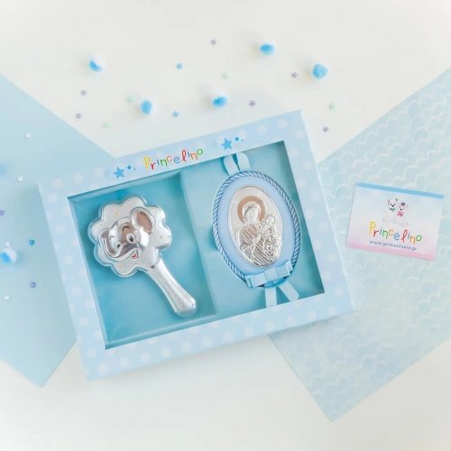 Подарочный набор икона Дева Мария и погремушка Слоник Prince Silvero Голубой MB/S085-1C