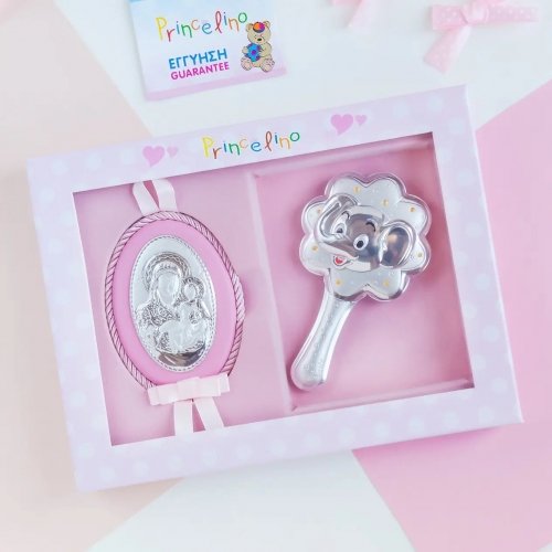 Подарочный набор икона Дева Мария и погремушка Слоник Prince Silvero Розовый MB/S085-1R