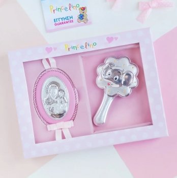 Подарочный набор икона Дева Мария и погремушка Слоник Prince Silvero Розовый MB/S085-1R