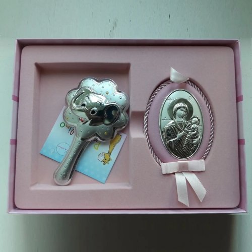 Подарочный набор икона Дева Мария и погремушка Слоник Prince Silvero Розовый MB/S085-1R