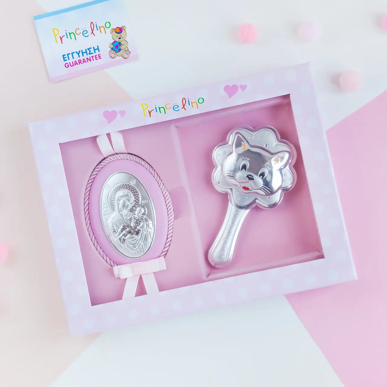 Подарочный набор икона Дева Мария и погремушка Котик Prince Silvero Розовый MB/S086-1R