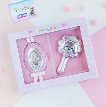 Подарочный набор икона Дева Мария и погремушка Котик Prince Silvero Розовый MB/S086-1R